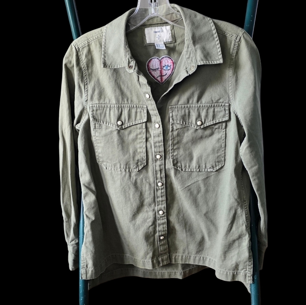 Forever 21 Olive Green Embroidered Utility Jacket Size Small - Picture 2 of 9